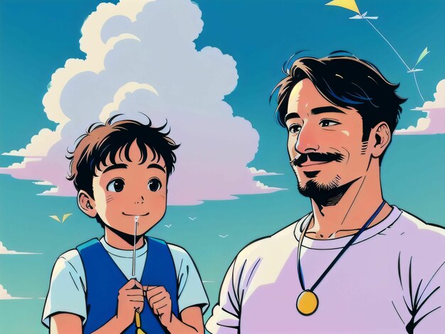 illustrazione di padre e figlio al festival degli aquiloni in stile fumetto