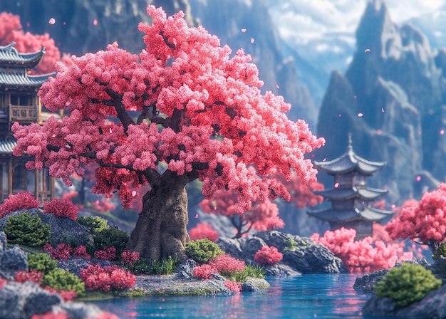 Illustrazione di paesaggi giapponesi durante i fiori di ciliegio giapponese
