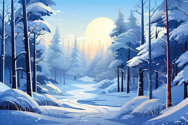 Illustrazione di paesaggio forestale invernale