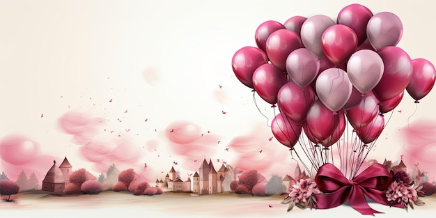 illustrazione di palloncini colorati con nastri su sfondo chiaro Concetto di vacanza Spazio libero