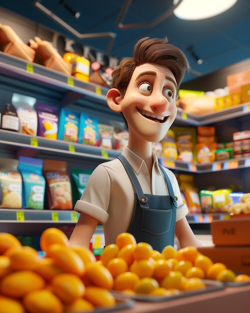 Illustrazione di personaggi di operai di mercato con cartoni animati realistici in 3D