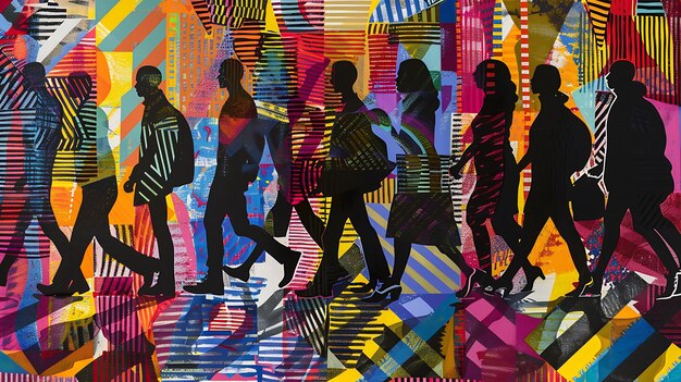 Illustrazione di persone che camminano Pride colori poster arcobaleno sfondo carta da parati design passeggiata