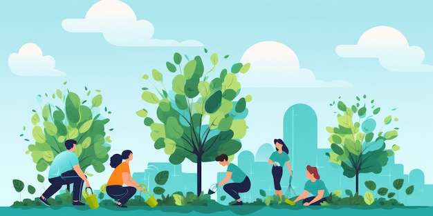 Illustrazione di persone che piantano alberi per promuovere l'ecologizzazione urbana e il coinvolgimento della comunità