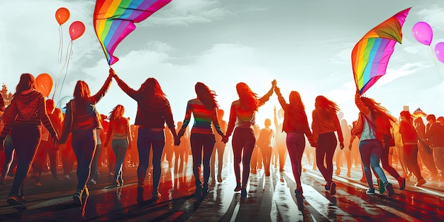 Illustrazione di persone felici della comunità LGBT con l'arcobaleno parata dell'orgoglio LGBT con bandiere e palloncini