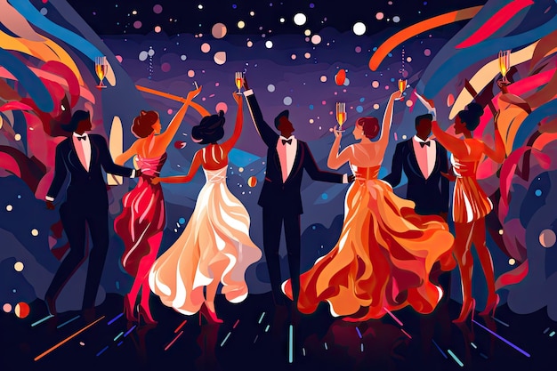 Illustrazione di persone in una festa che festeggia la caduta dei confetti