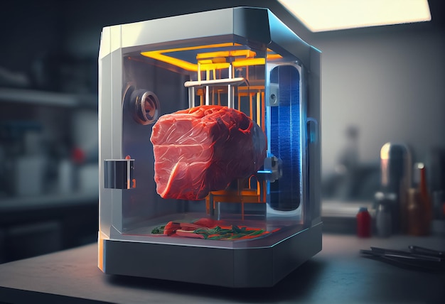 Illustrazione di pezzi di carne cruda coltivata in laboratorio coltivata in un'incubatrice