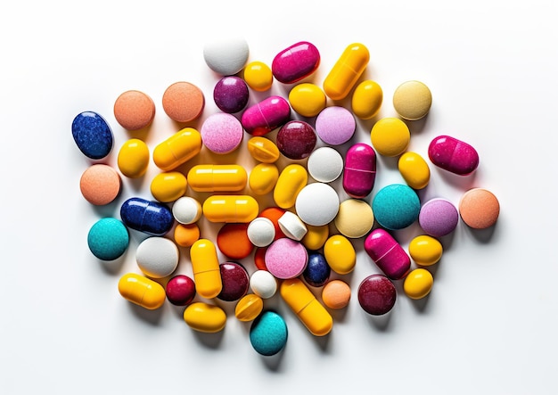 Illustrazione di pillole colorate su sfondo bianco Simboli di farmacia e farmaci AI generativa