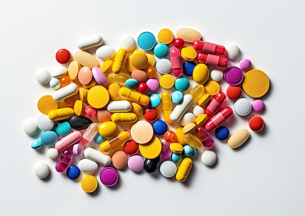 Illustrazione di pillole colorate su sfondo bianco Simboli di farmacia e farmaci