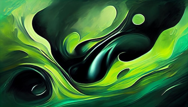 Illustrazione di pittura a olio liquida di toni verdi astratti su sfondo nero