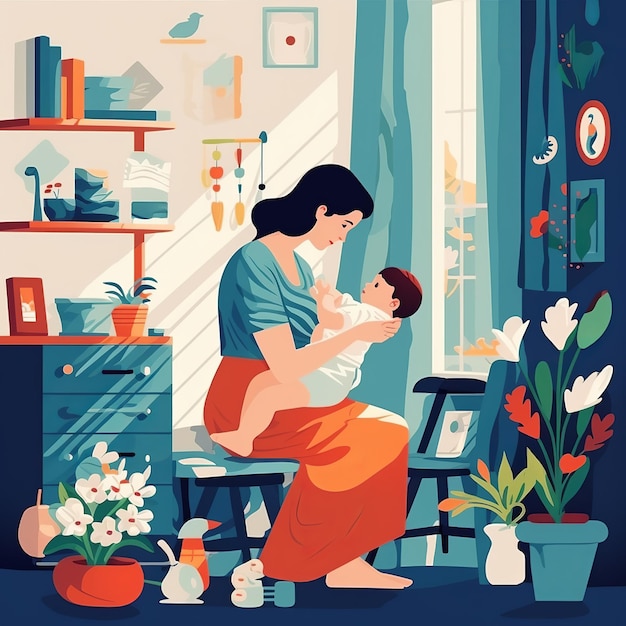 illustrazione di Playing Dressup La madre si prende cura del bambino a casa