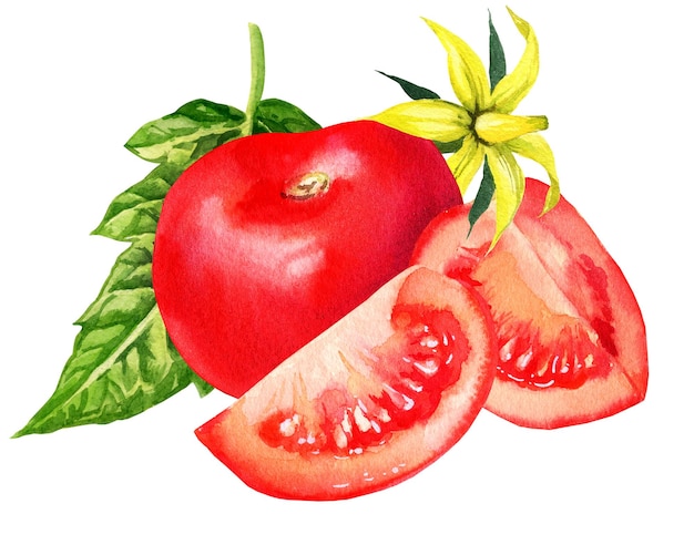 Illustrazione di pomodori ad acquerello con fette di pomodori foglie fiori schizzo disegnato a mano con il rosso