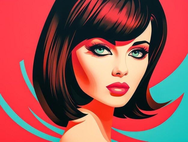 Illustrazione di poster di bellezza in stile retrò con un trucco audace e uno sfondo colorato