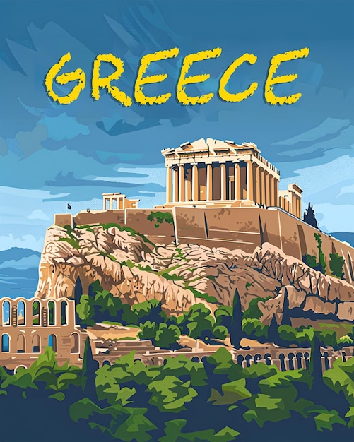Illustrazione di poster di viaggio retro vettoriale di Atene