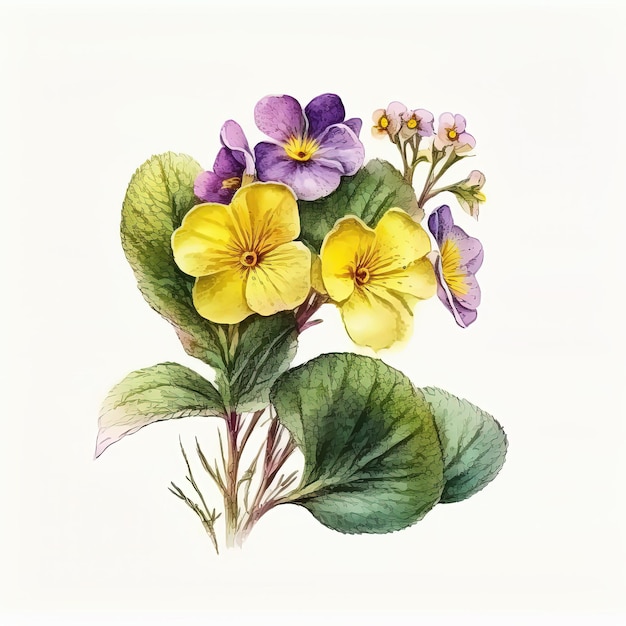 Illustrazione di primula acquerello su sfondo bianco Sfondo di invito di arte floreale