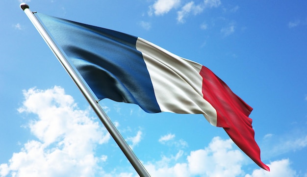 Illustrazione di rendering 3D ad alta risoluzione della bandiera della Francia con uno sfondo di cielo blu