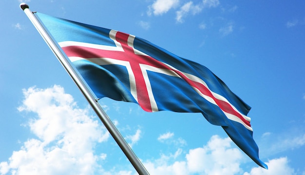 Illustrazione di rendering 3D ad alta risoluzione della bandiera islandese con uno sfondo di cielo blu