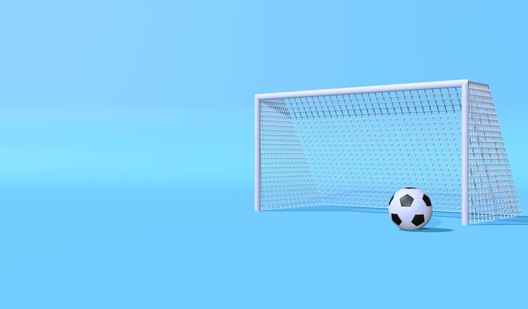 Illustrazione di rendering 3D calcio e obiettivo sullo sfondo blu tenue