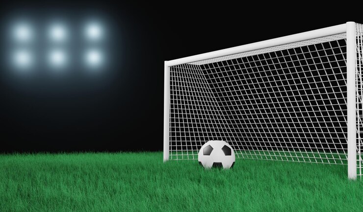 Illustrazione di rendering 3D calcio sul campo di calcio nello stadio notturno e sfondo chiaro dello sport zoom indietro vista