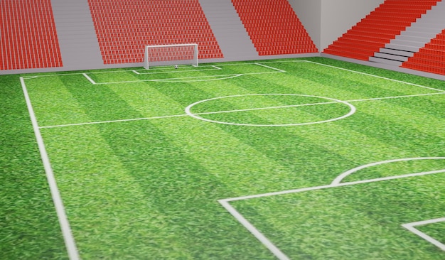 Illustrazione di rendering 3D campo da calcio in zoom indietro vista allo stadio