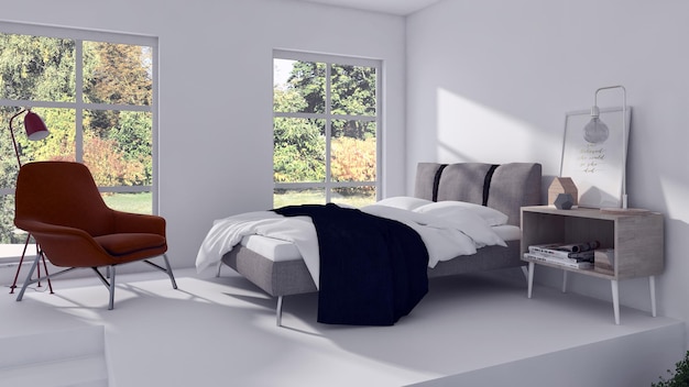 Illustrazione di rendering 3D degli interni della camera da letto moderna e luminosa