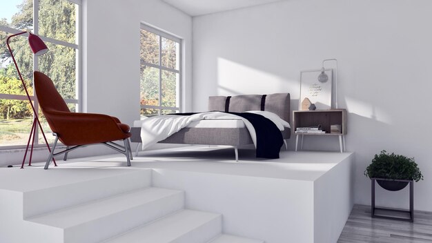 Illustrazione di rendering 3D degli interni della camera da letto moderna e luminosa