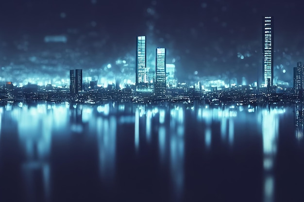 Illustrazione di rendering 3d della città futuristica notturna con luci al neon e riflessione sull'acqua