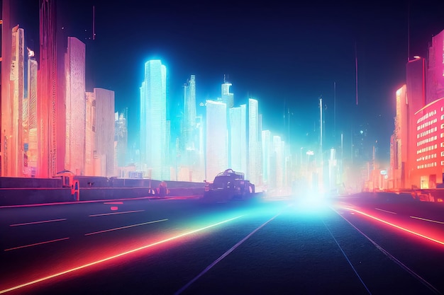 Illustrazione di rendering 3d della città futuristica notturna con luci al neon e strada