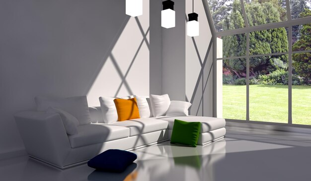 Illustrazione di rendering 3D di interni luminosi moderni