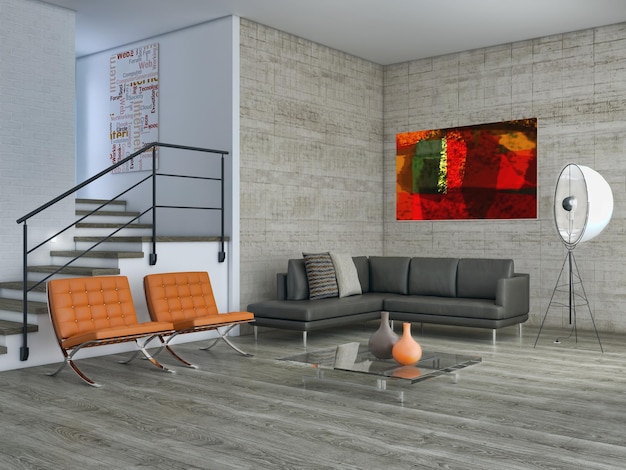 Illustrazione di rendering 3D di interni luminosi moderni