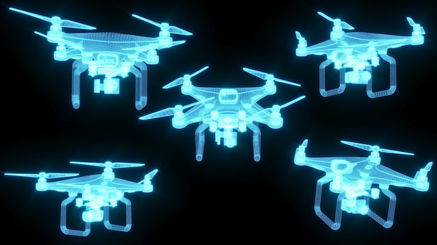 Illustrazione di rendering 3D Drone Luce al neon incandescente