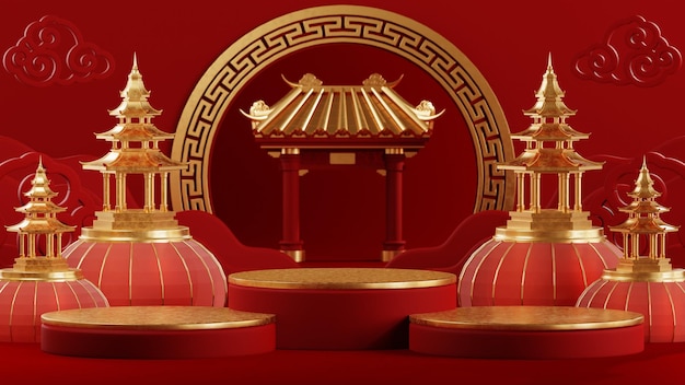 Illustrazione di rendering 3D per il felice anno nuovo cinese 2024 il segno zodiacale del drago con lanterna floreale elementi asiatici rosso e oro su sfondo Anno di traduzione del drago 2024