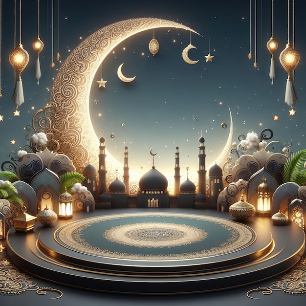 Illustrazione di rendering 3d podio ramadan cerchio podio sfondo ulta dettagliato perfetto ai generato