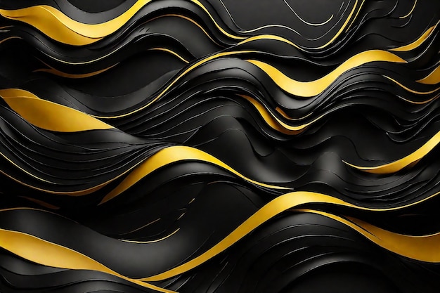 Illustrazione di rendering 3D sullo sfondo ondulato astratto nero e oro
