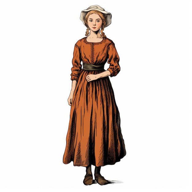 Illustrazione di riproduzione storica della donna del XIX secolo in abito arancione