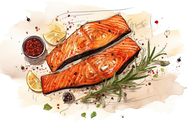 Illustrazione di salmone alla griglia con pezzi di limone, rosmarino e condimenti su sfondo bianco