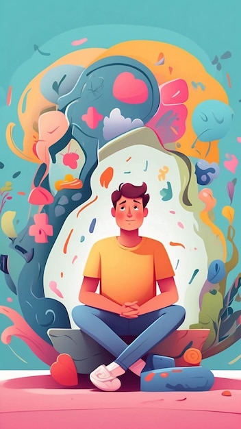 Illustrazione di salute mentale Meditazione Pace interiore Color animato di psicologia vibrante