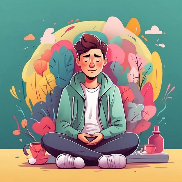 Illustrazione di salute mentale Meditazione Pace interiore Color animato di psicologia vibrante