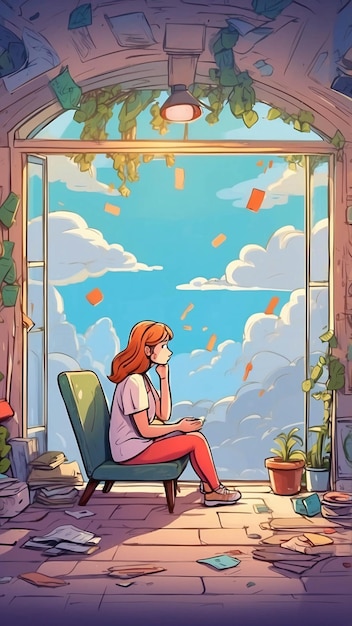 Illustrazione di salute mentale Uomo seduto in una stanza cupo Illustrazione a colori rustici Stile a pennello grande
