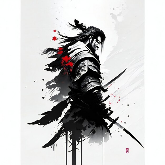 Illustrazione di samurai con stile di schizzo di spada AI generativa