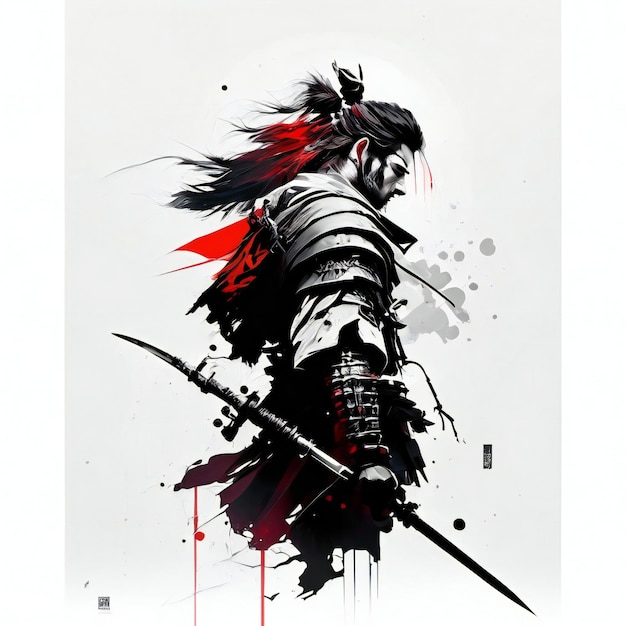 Illustrazione di samurai con stile di schizzo di spada AI generativa