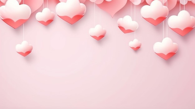 Illustrazione di San Valentino con cuori rossi e nuvole di carta su sfondo rosa