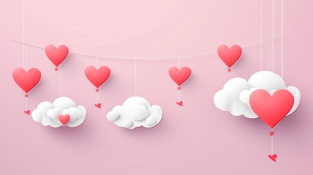 Illustrazione di San Valentino con cuori rossi e nuvole di carta su sfondo rosa