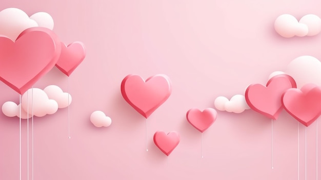 Illustrazione di San Valentino con cuori rossi e nuvole di carta su sfondo rosa