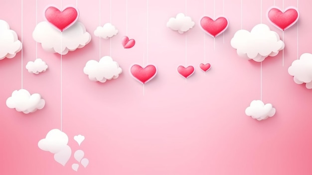 Illustrazione di San Valentino con cuori rossi e nuvole di carta su sfondo rosa