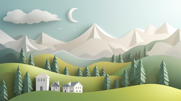 illustrazione di scena del paesaggio naturale di stile del taglio della carta della montagna del paesaggio della foresta del taglio della carta 3d
