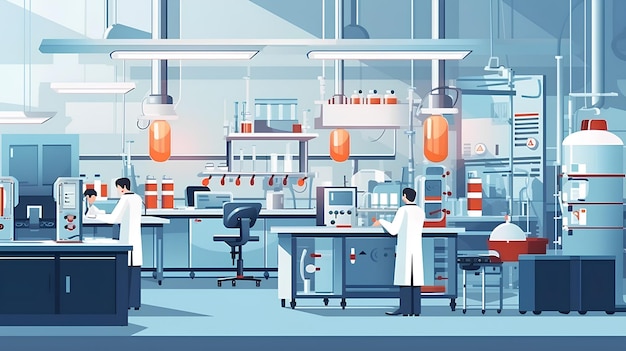 Illustrazione di scienziati all'interno di un luogo di lavoro di laboratorio AI generativa