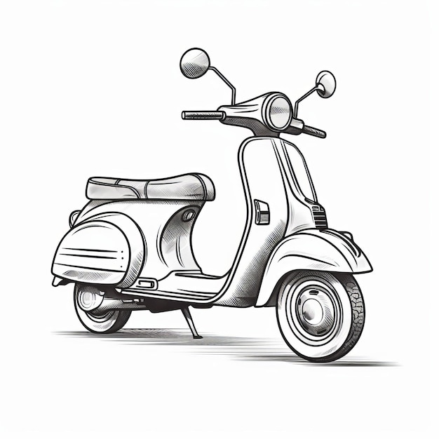 Illustrazione di scooter retrò Vespa disegnata a mano in nero liscio e