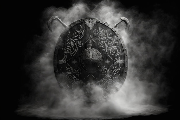 Illustrazione di scudo vichingo in legno e ornamenti in metallo sfondo nero con nebbia IA generativa