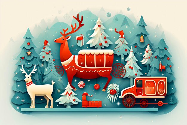 Illustrazione di sfondo AI generativa con tipici motivi natalizi in sfondi colorati invernaliIllustrazione in stile minimalistaGiorni di NataleArte digitale