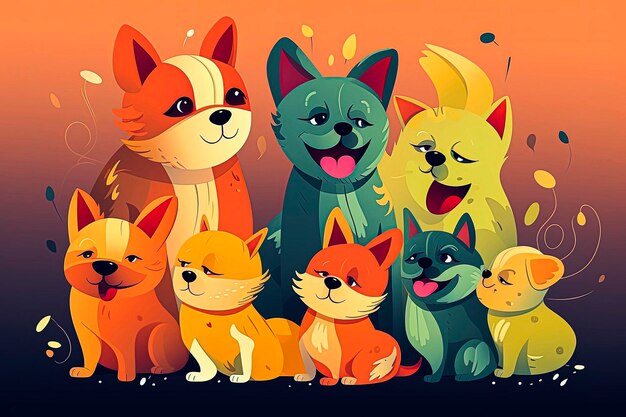 Illustrazione di sfondo AI generativa di cani e gatti in stile illustrazione